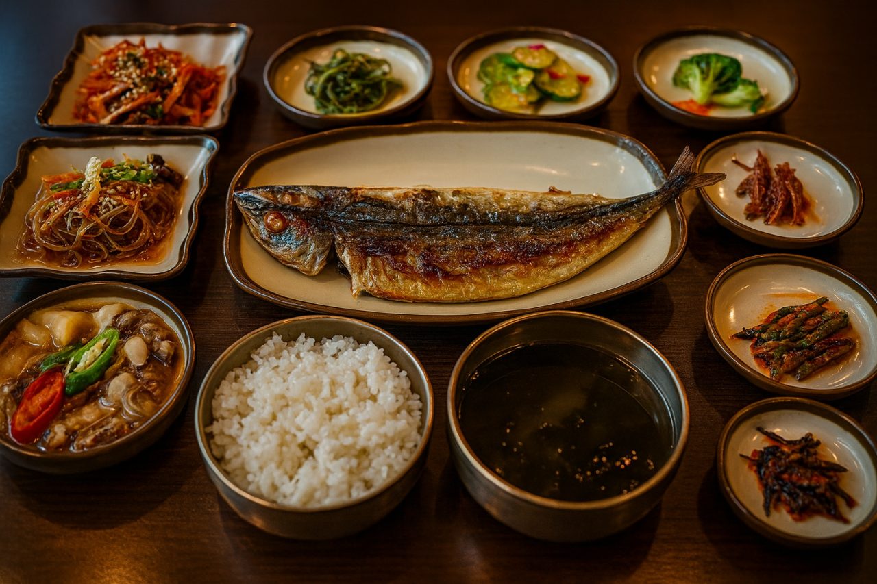 노릇하게 구운 고등어와 반찬으로 구성한 소화한상